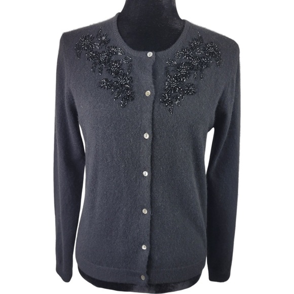 Bloomingdale’s woman’s black 100% cashmere embroidered button down cardigan M - Picture 1 of 11